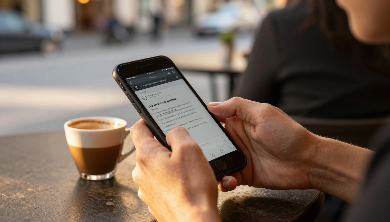 A person using a smartphone at a cafe to access a mobile text-to-video tool