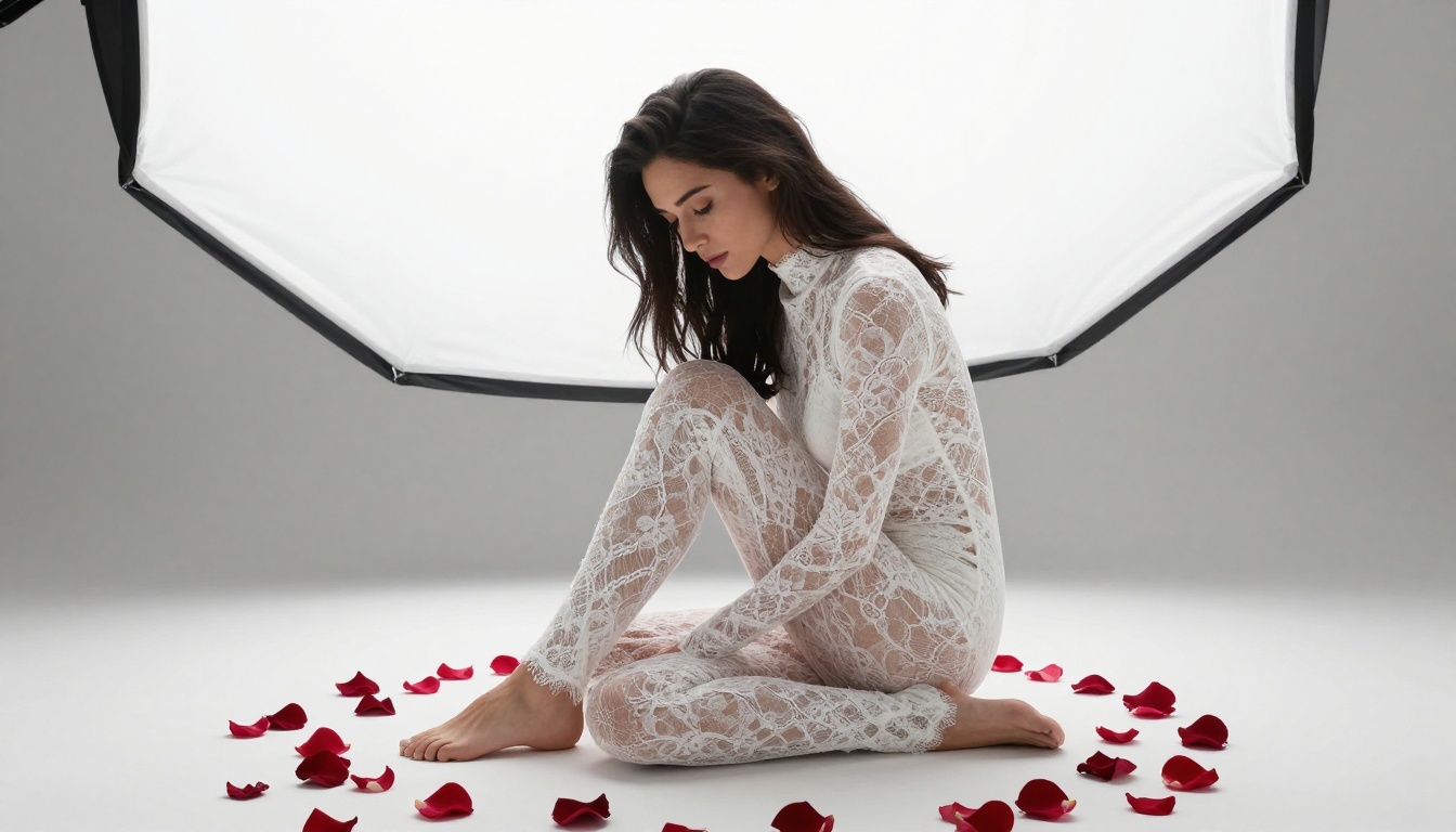 Woman in white lace bodysuit surrounded by crimson rose petals on white studio floor, overhead 45-degree shot, Canon 50mm f/1.4, Ilford Delta fine grain