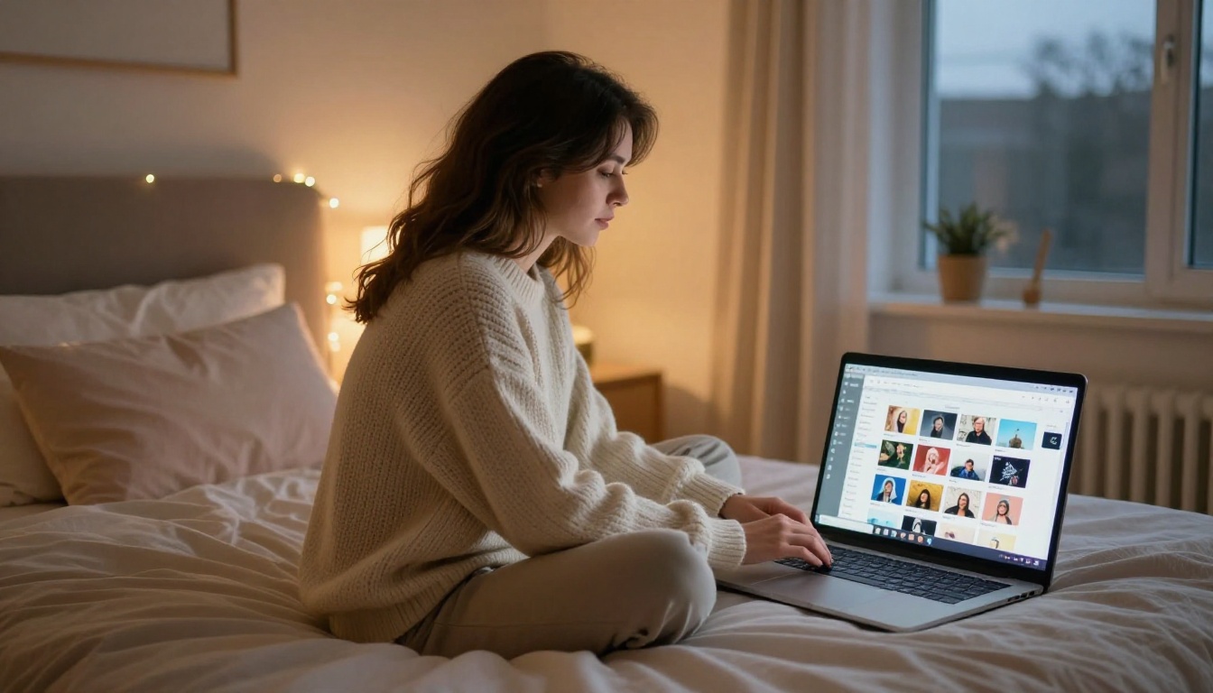 Woman in knit sweater on bed with fairy lights and laptop Woman in knit sweater on bed with fairy lights and laptop
