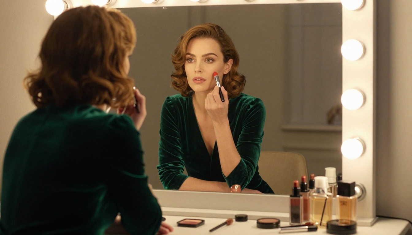 Woman in emerald green velvet dress at Hollywood vanity mirror, warm tungsten light, Leica SL2 75mm Summicron, Kodak Portra 160