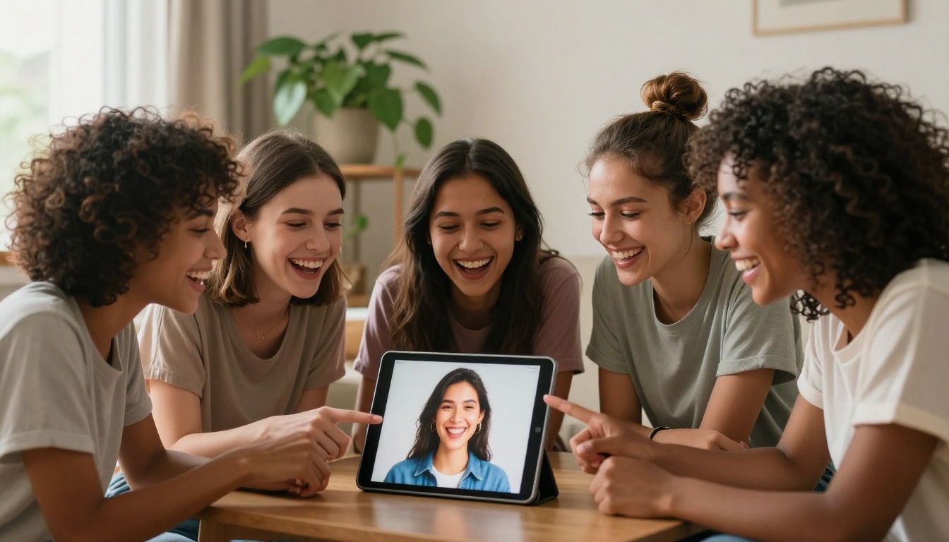 Three women gathered around a tablet laughing at their AI-generated portraits