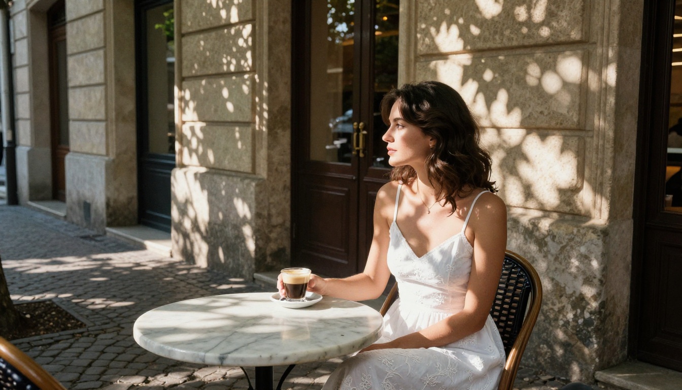 Woman at outdoor European cafe in white summer dress, dappled morning light through trees Woman at outdoor European cafe in white summer dress, dappled morning light through trees