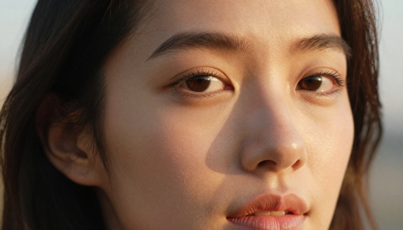 Close-up portrait of a woman with golden-hour rim lighting and natural skin texture Close-up portrait of a woman with golden-hour rim lighting and natural skin texture
