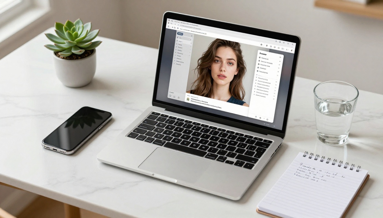 AI generation workspace flat lay with laptop, phone, and handwritten notes on white marble desk AI generation workspace flat lay with laptop, phone, and handwritten notes on white marble desk