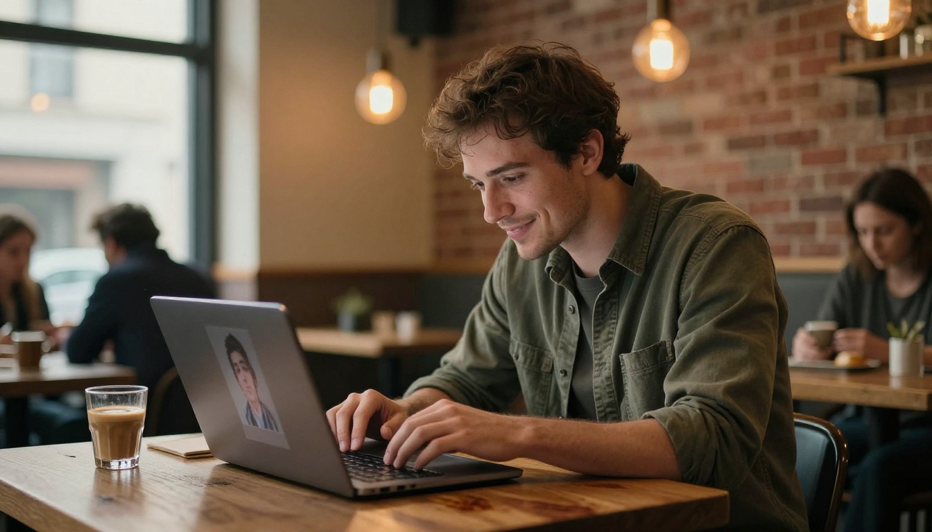 Man reviewing AI-generated portrait results on a laptop in a coffee shop Man reviewing AI-generated portrait results on a laptop in a coffee shop