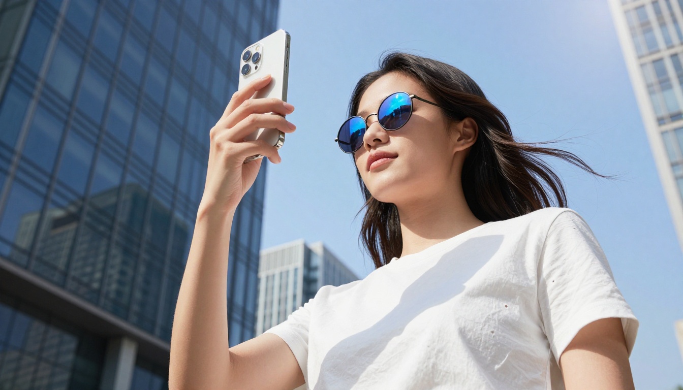 Young woman taking an urban selfie from a low angle with blue sky behind her Young woman taking an urban selfie from a low angle with blue sky behind her