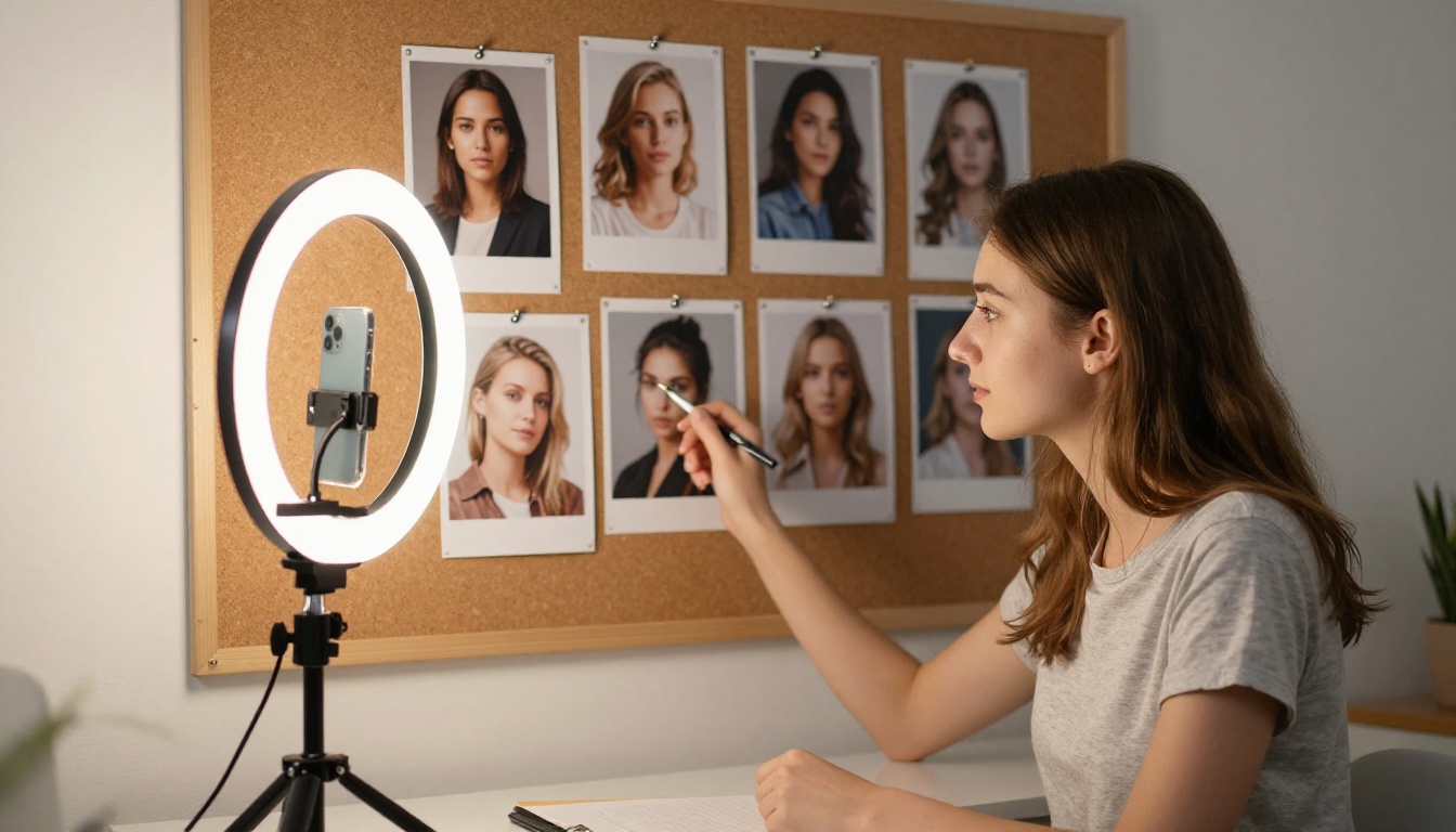 Modern home studio with ring light and AI portrait printouts on a corkboard Modern home studio with ring light and AI portrait printouts on a corkboard