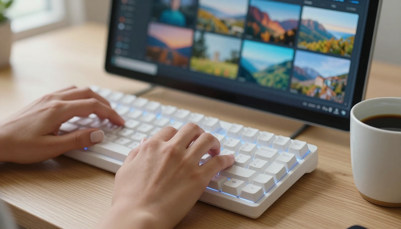 Hands typing on keyboard with AI-generated images on screen