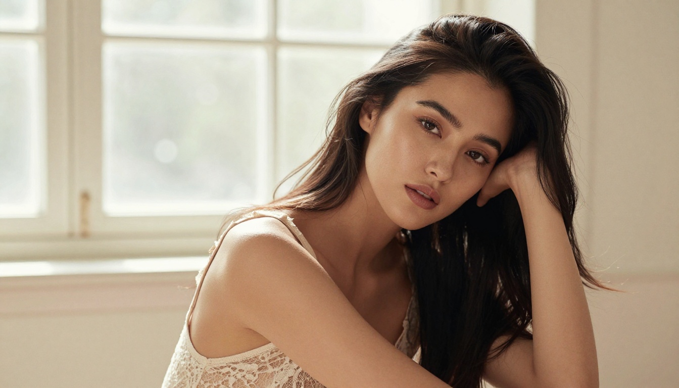 Beautiful woman with dark hair in sunlit studio wearing delicate lace camisole, soft diffused natural light, editorial portrait
