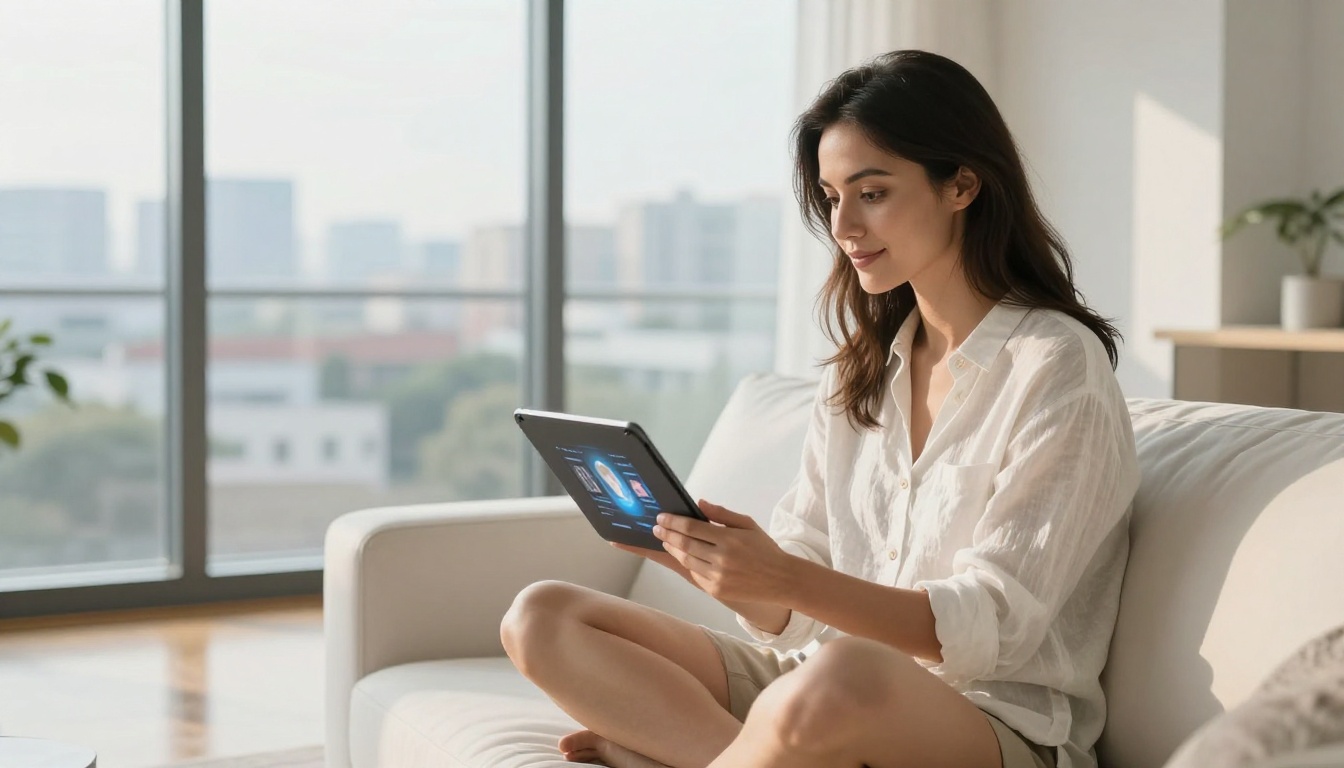 Woman on sofa using tablet AI image generator at home