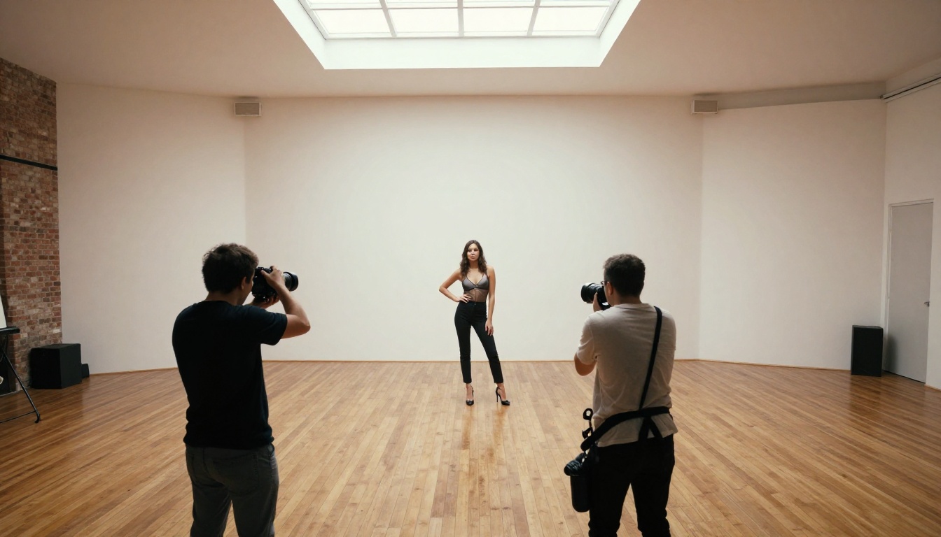 Aerial wide shot of creative photography studio with professional lighting setup, warm wooden floors and natural skylights