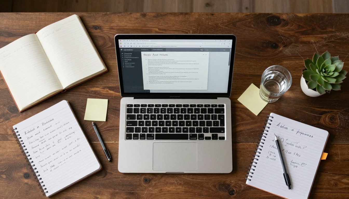 Aerial view of creative workspace desk with laptop and notebooks