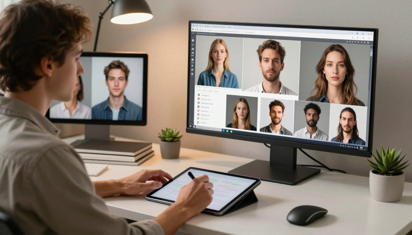 Creative professional working on large tablet at standing desk, office ambient lighting, screens showing AI-generated portrait compositions