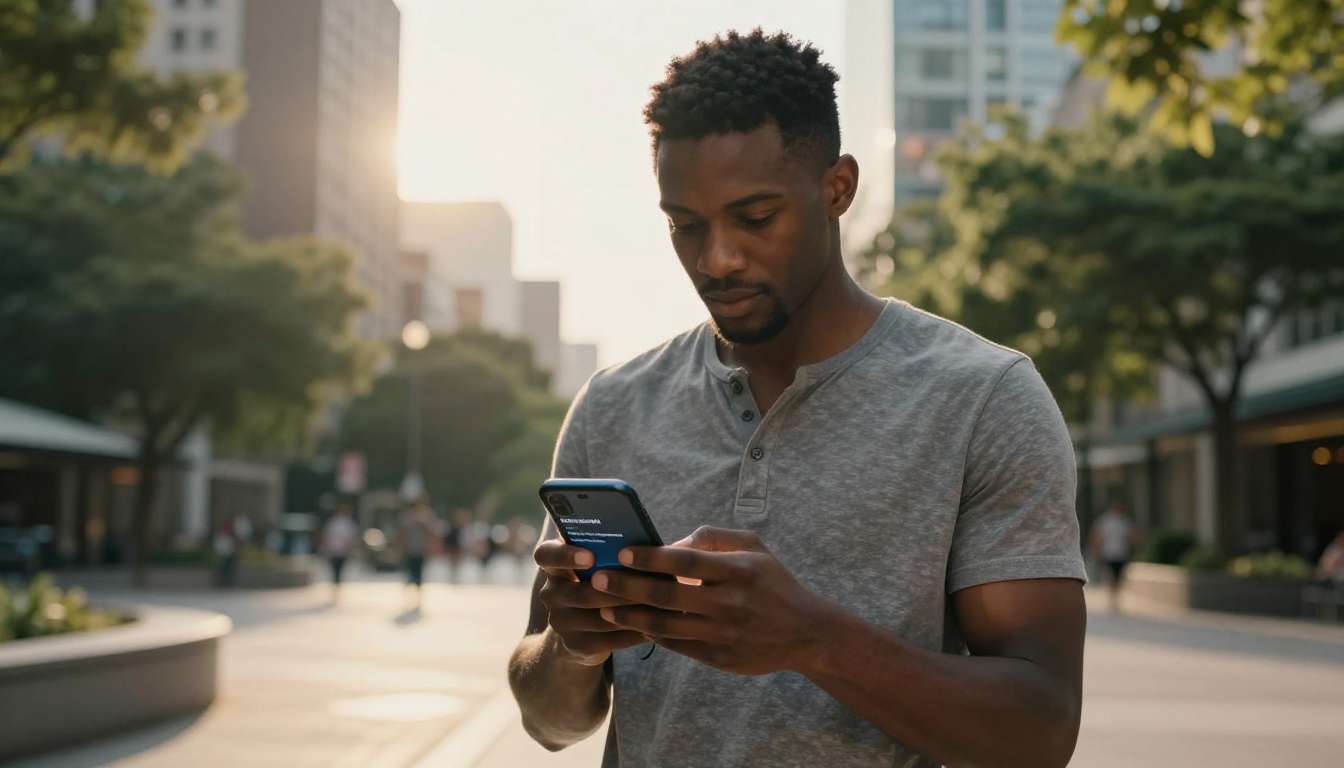 Man using smartphone AI image generator outdoors at golden hour