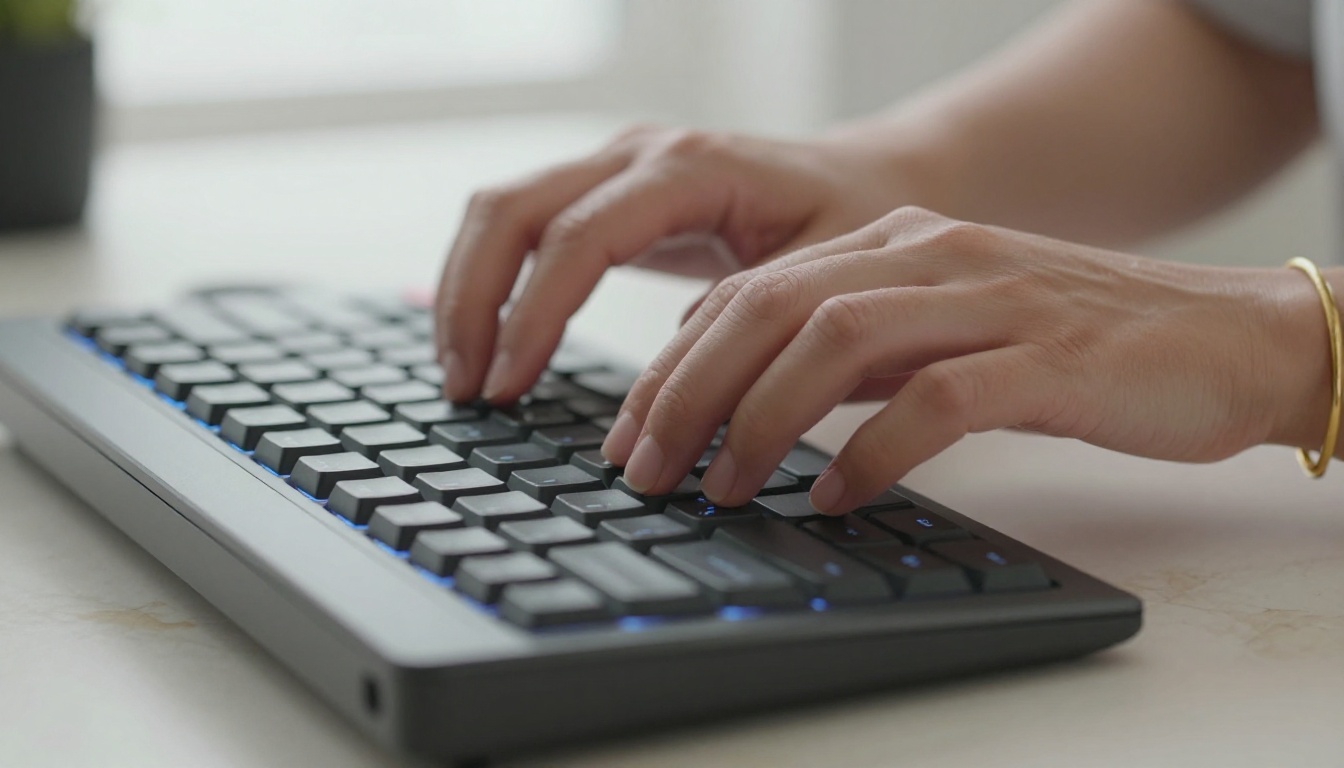 Photorealistic close-up of elegant female hands typing on a mechanical keyboard, natural window light, cream marble desk surface