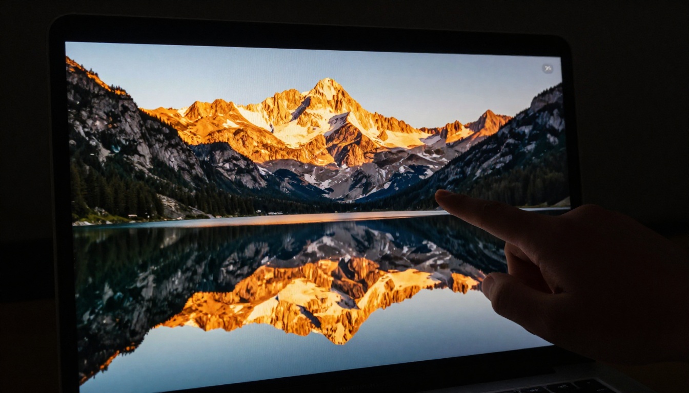 Close-up of laptop screen showing stunning AI-generated landscape