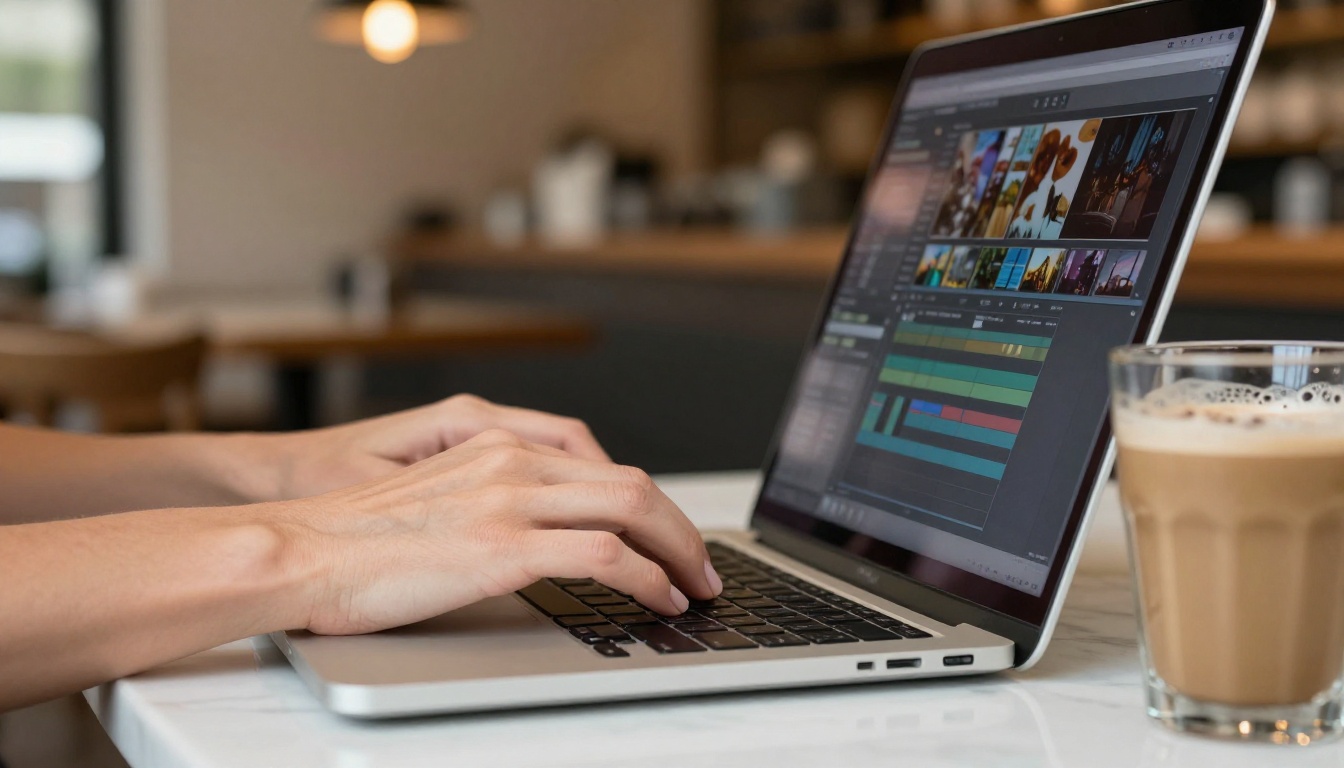 Hands typing on a laptop generating AI video clips at a café Hands typing on a laptop generating AI video clips at a café