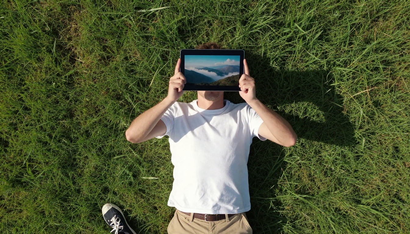Young man watching AI-generated cinematic video outdoors on a tablet Young man watching AI-generated cinematic video outdoors on a tablet