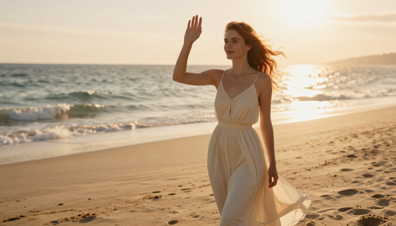 Woman on beach at golden hour showing photorealistic AI output quality Woman on beach at golden hour showing photorealistic AI output quality
