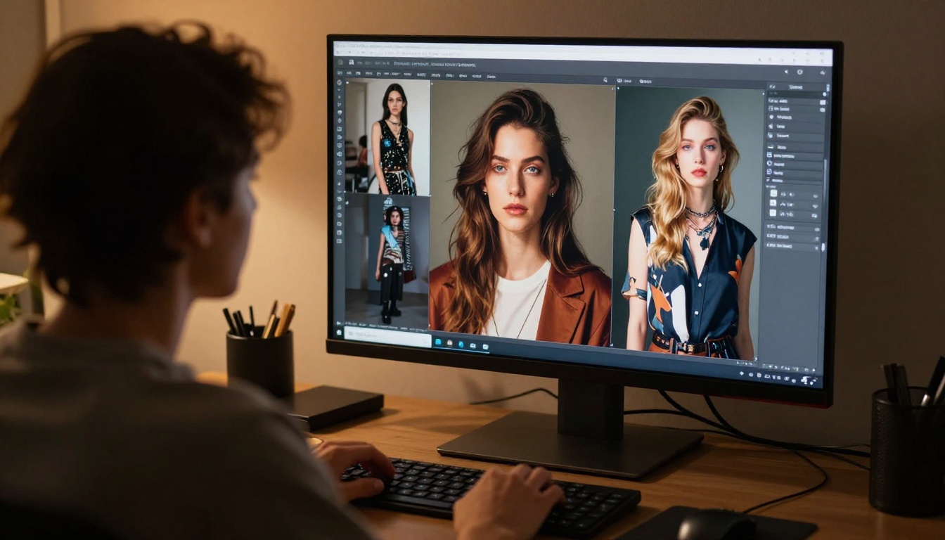 Person viewing AI-generated portrait gallery on 4K monitor in warm creative studio, screen glow, over-shoulder perspective Person viewing AI-generated portrait gallery on 4K monitor in warm creative studio, screen glow, over-shoulder perspective