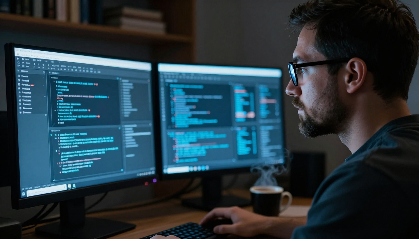 Man working late at dual monitors with AI image generation interface Man working late at dual monitors with AI image generation interface