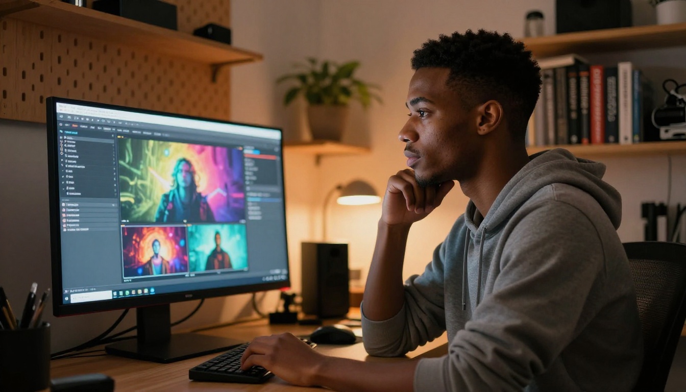 Focused creator reviewing AI-generated video clips on a widescreen monitor Focused creator reviewing AI-generated video clips on a widescreen monitor