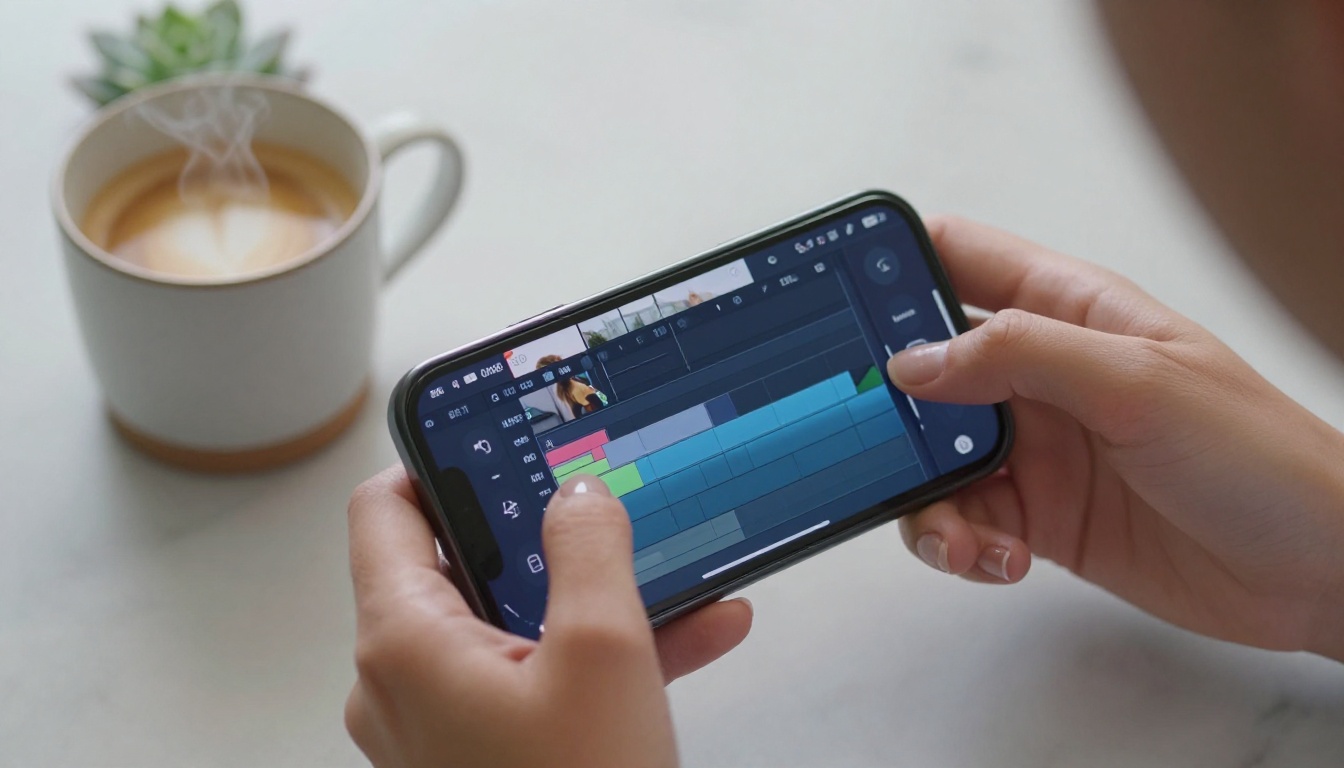 Hands on smartphone showing a vertical video editing interface with colorful timeline tracks