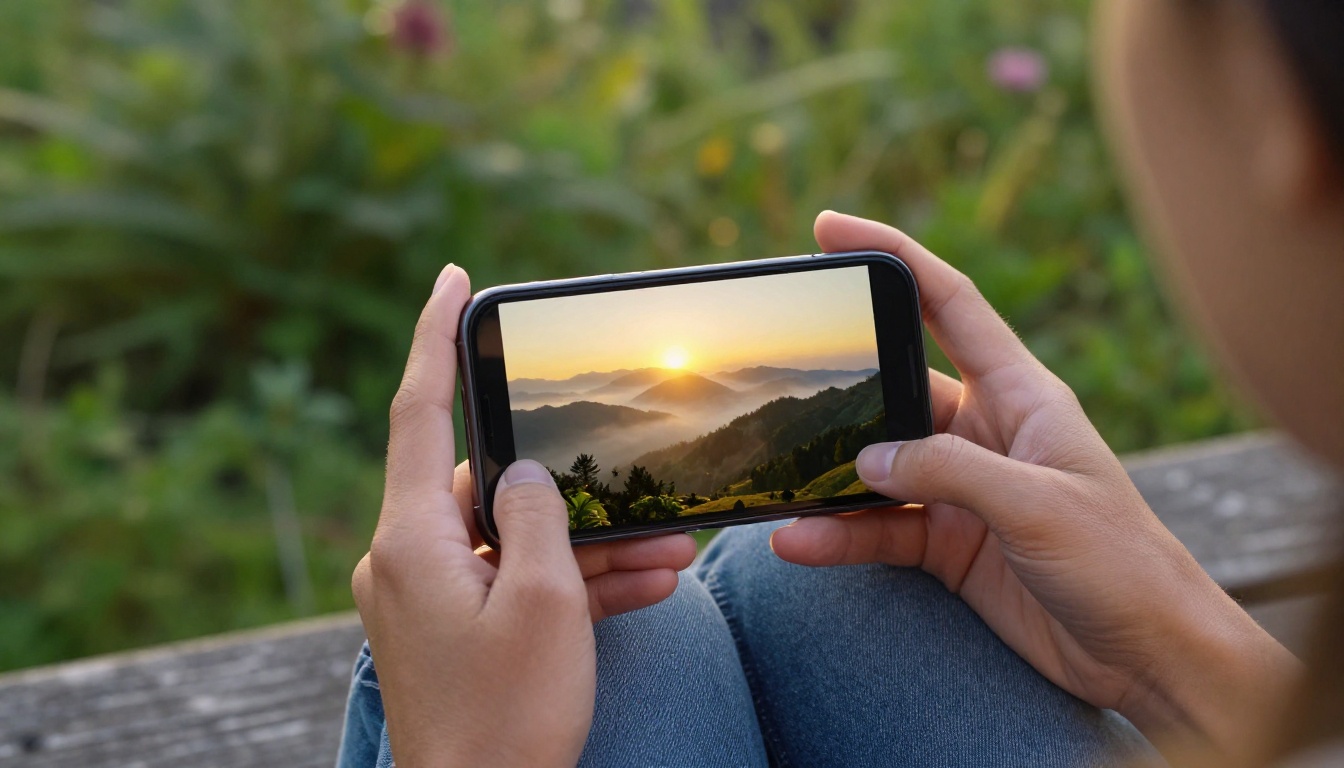 Woman's hands holding phone showing an AI-generated cinematic landscape video Woman's hands holding phone showing an AI-generated cinematic landscape video