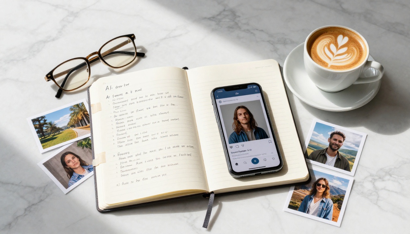 Flat lay of notebook, printed AI photos, and smartphone on marble Flat lay of notebook, printed AI photos, and smartphone on marble
