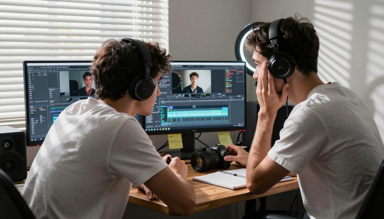 Young man at home studio leaning toward dual monitors with video editing timelines glowing