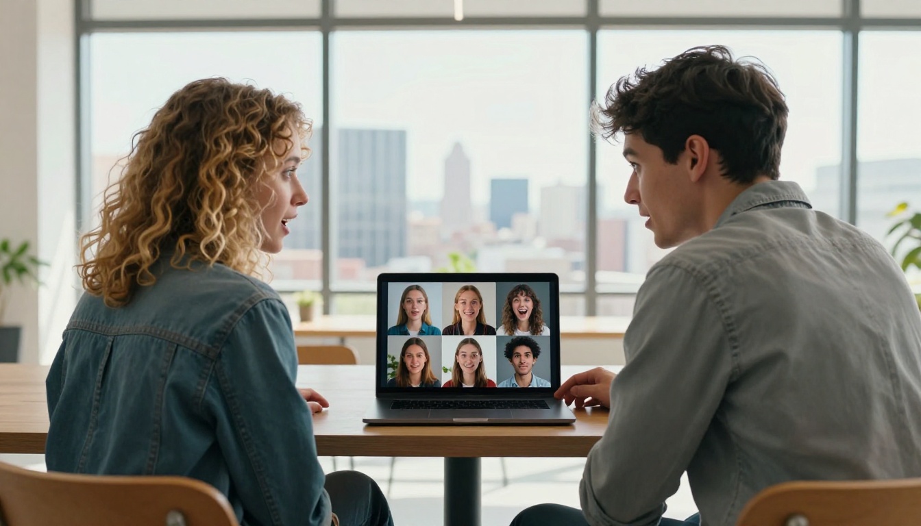 Two friends amazed at AI-generated image results on laptop at co-working space Two friends amazed at AI-generated image results on laptop at co-working space