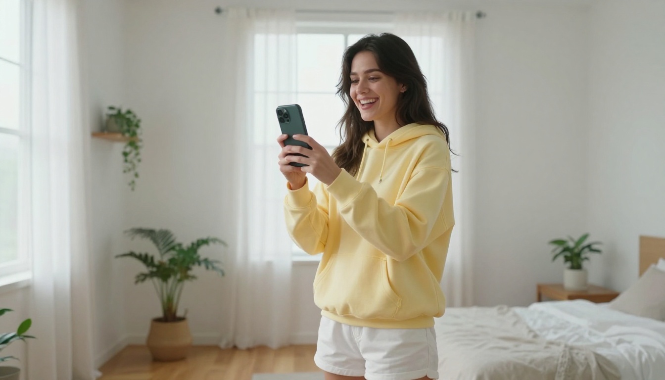 Woman laughing mid-clip while holding smartphone recording herself in bright bedroom