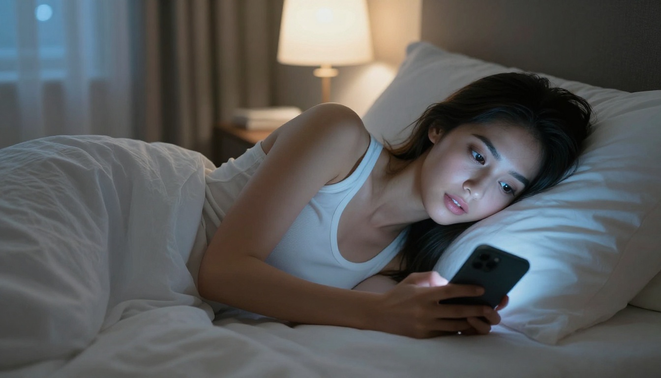 Woman using smartphone late at night, screen glow illuminating her face in a dark bedroom