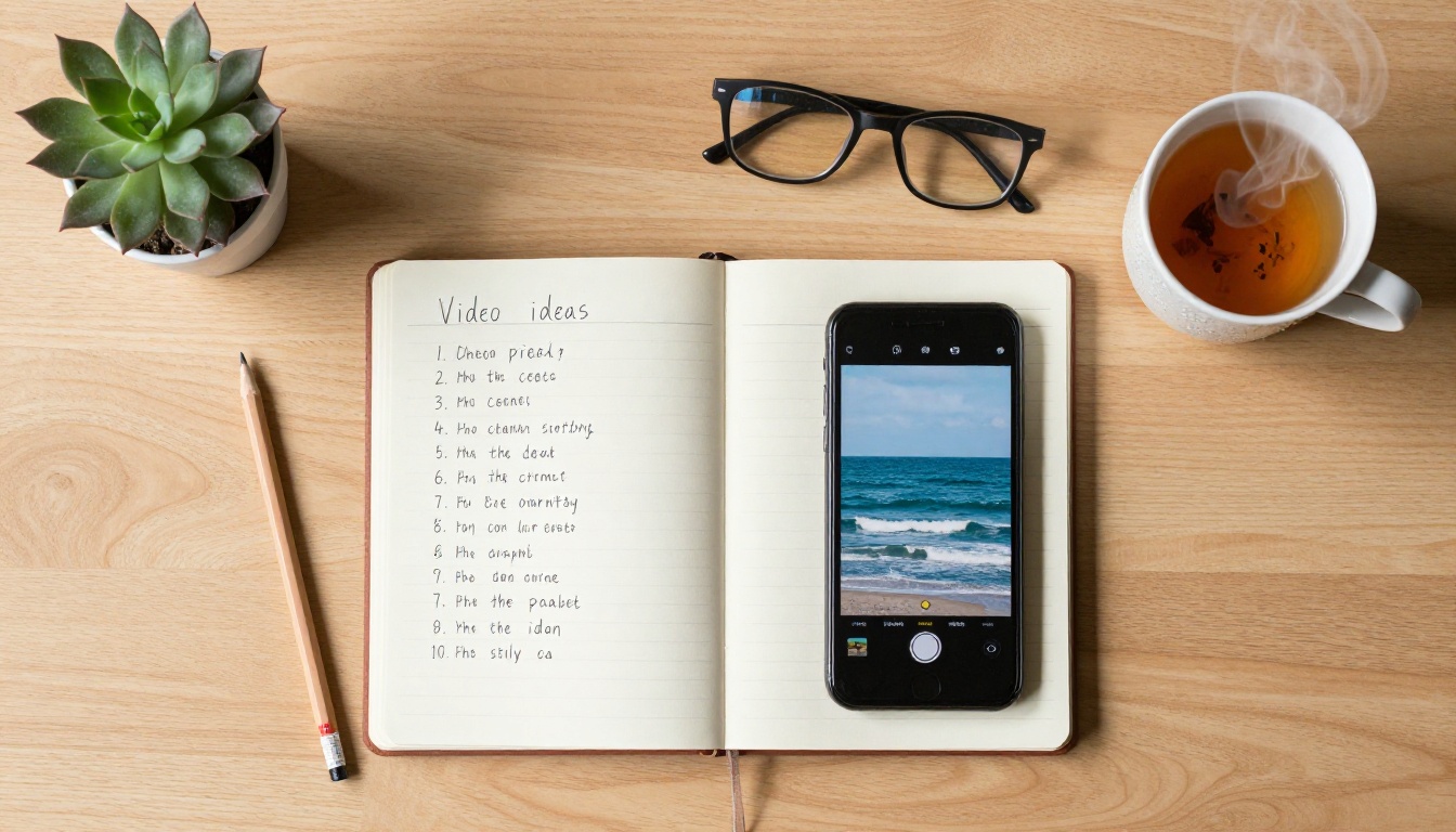Overhead flat lay of a creative desk with notebook, phone, and tea Overhead flat lay of a creative desk with notebook, phone, and tea