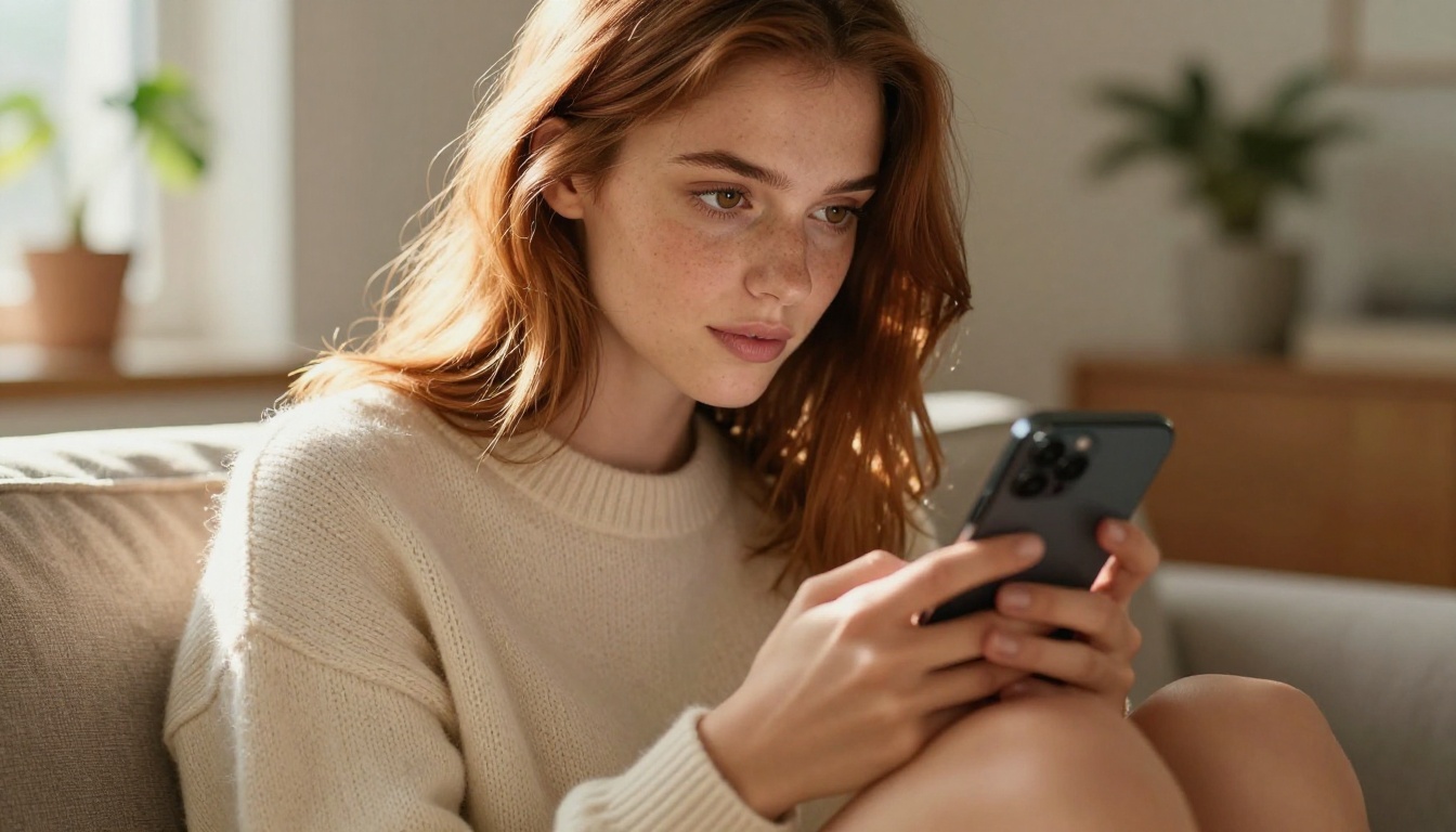 Woman sitting on couch scrolling her phone in warm afternoon light