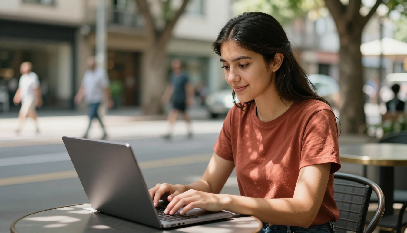 Young woman creating AI videos on her laptop at an outdoor café terrace Young woman creating AI videos on her laptop at an outdoor café terrace