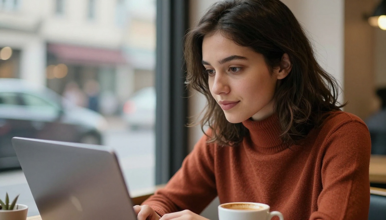 Young woman at cafe window looking thoughtfully at laptop screen with espresso nearby