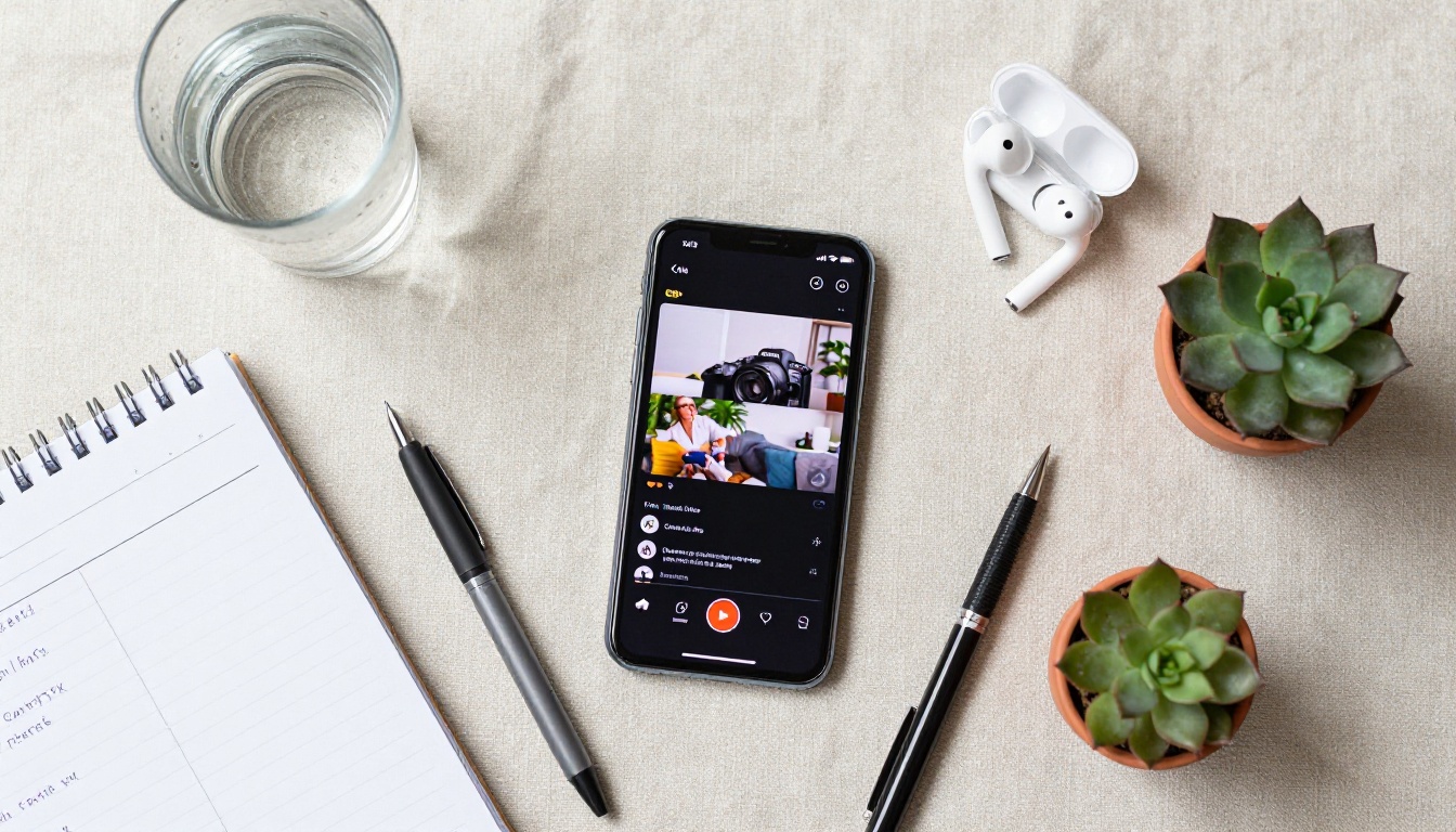 Aerial flat lay of smartphone with video interface, notebook, pens, and succulent on linen Aerial flat lay of smartphone with video interface, notebook, pens, and succulent on linen