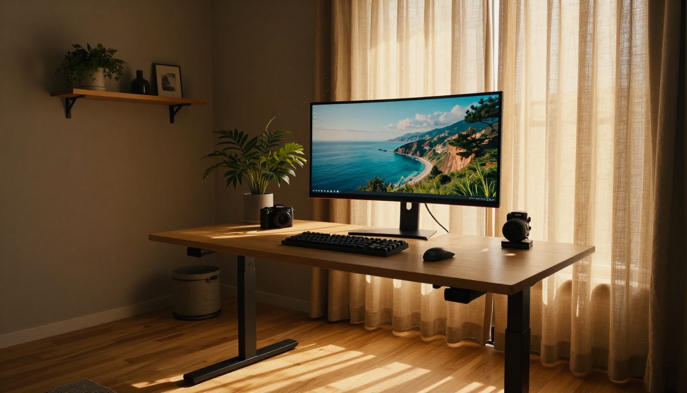 Minimal home office setup with a large monitor displaying a cinematic coastal landscape video Minimal home office setup with a large monitor displaying a cinematic coastal landscape video