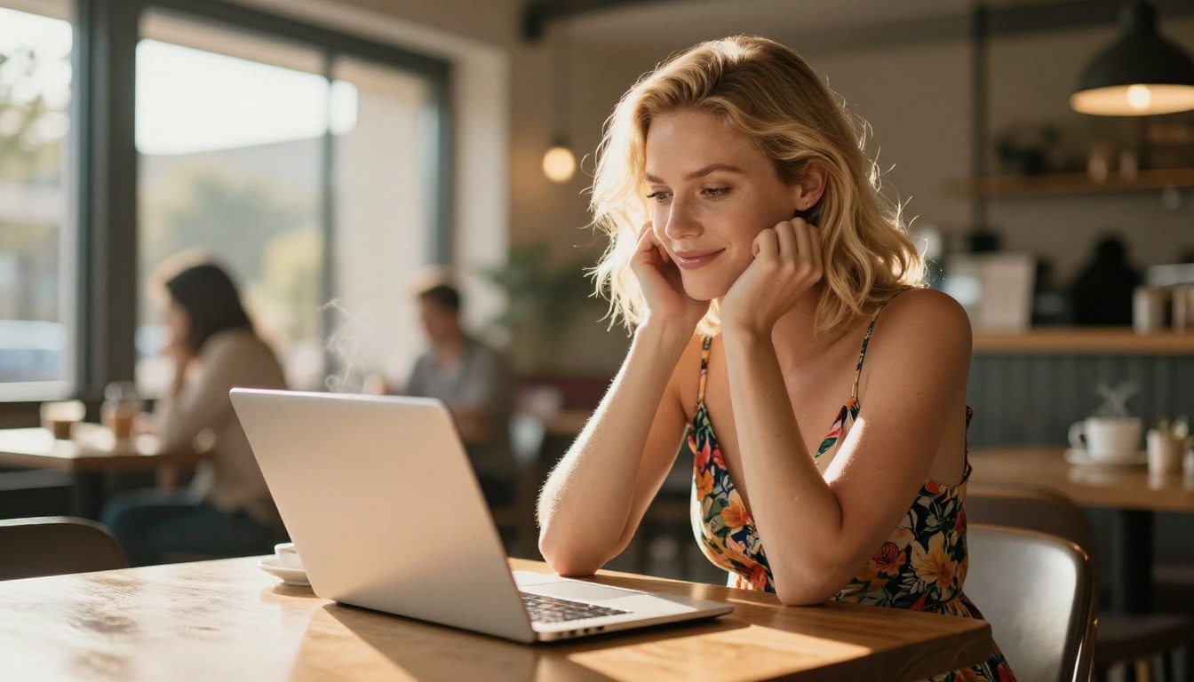 Beautiful woman at cafe working on laptop with warm morning light
