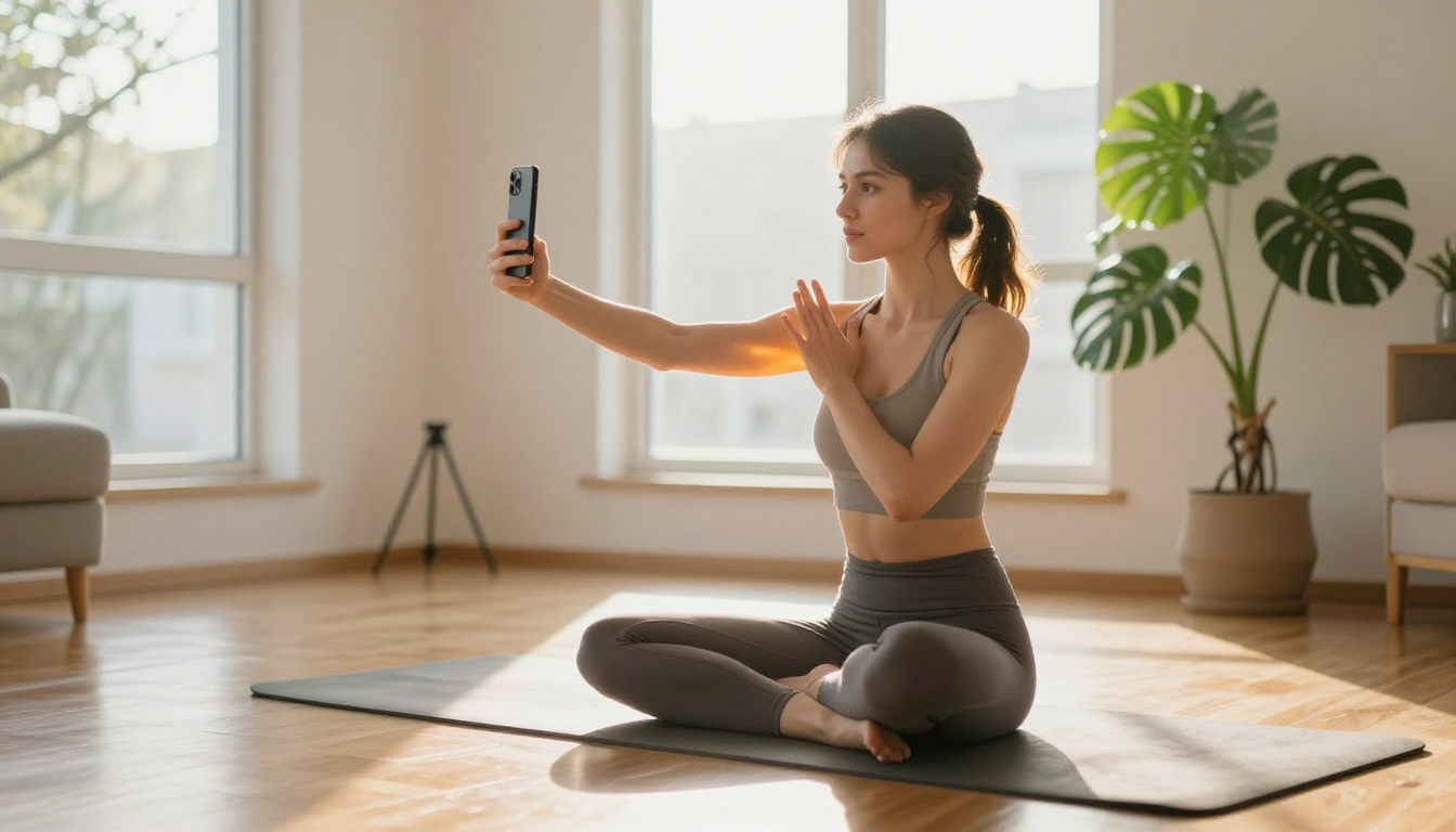 Young woman in athletic wear recording a fitness tutorial on yoga mat in a sunlit living room Young woman in athletic wear recording a fitness tutorial on yoga mat in a sunlit living room