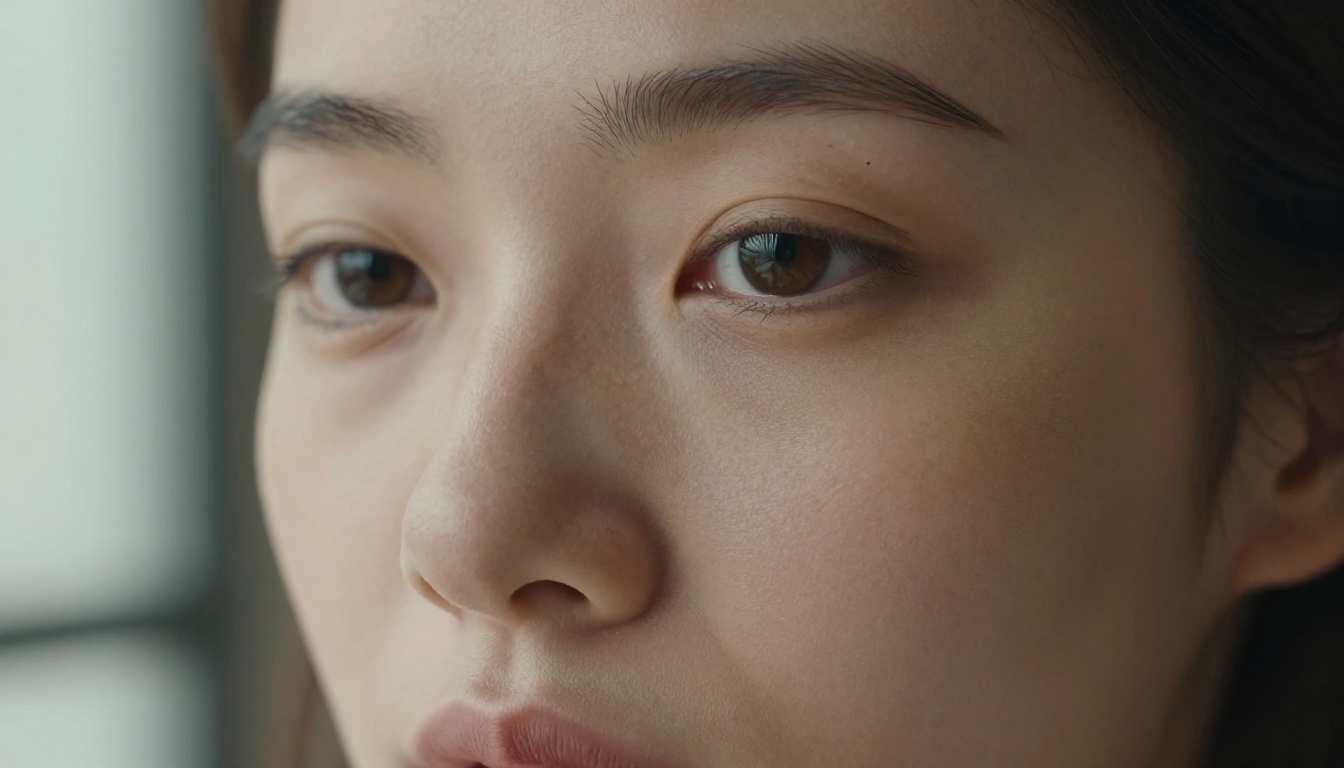 Extreme close-up of photorealistic AI-generated female face showing skin pore detail and natural rim light from the right