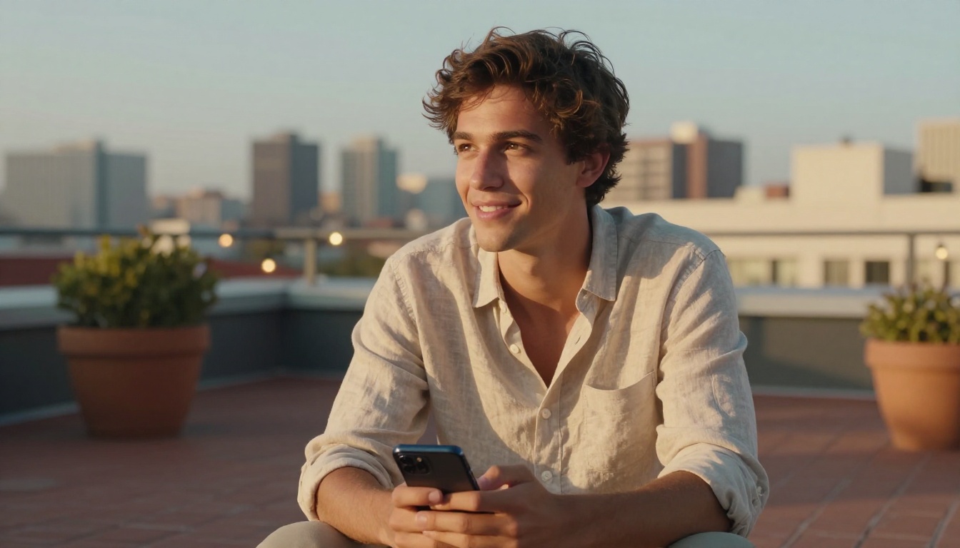 Young man relaxing on a rooftop terrace at golden hour smiling at his smartphone Young man relaxing on a rooftop terrace at golden hour smiling at his smartphone