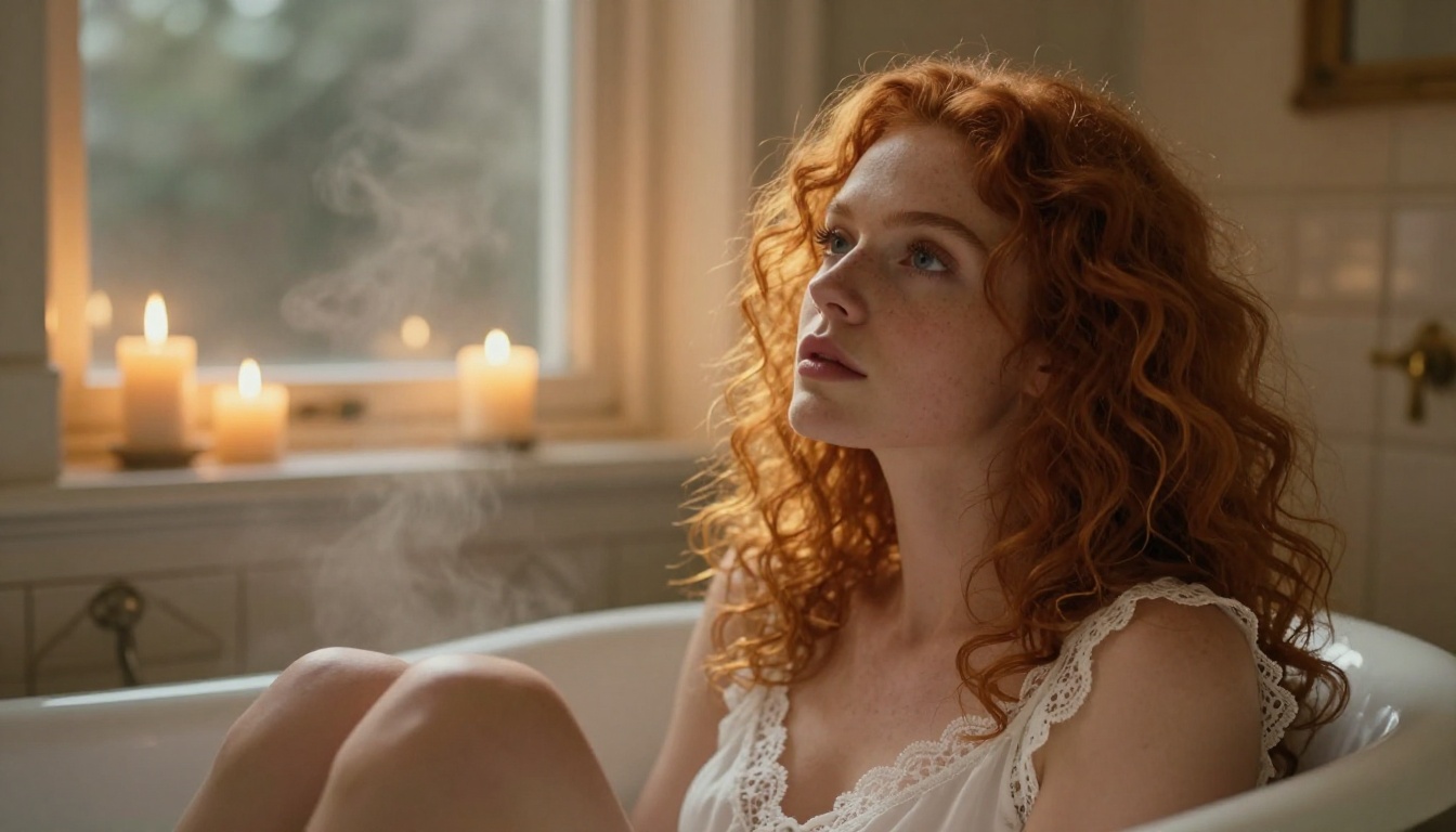 Woman with curly red hair sitting on bathtub edge in candlelight