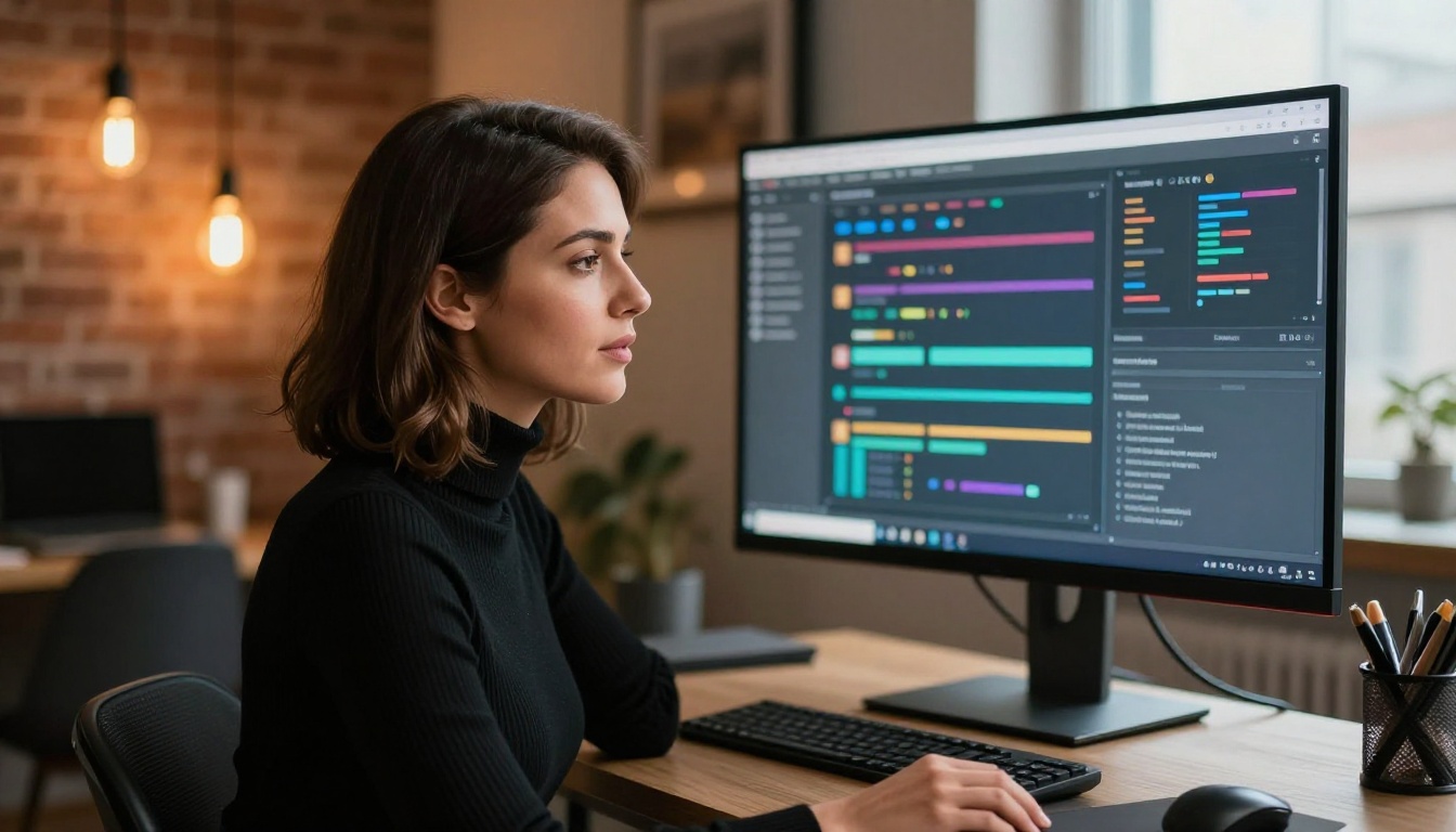 Woman at home office desk with glowing monitor in warm light