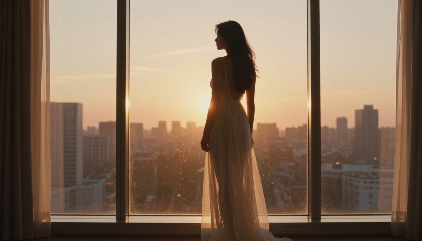 Artistic silhouette of woman in sheer white dress standing before floor-to-ceiling window at sunset with dust particles in light beams and luxury city skyline bokeh