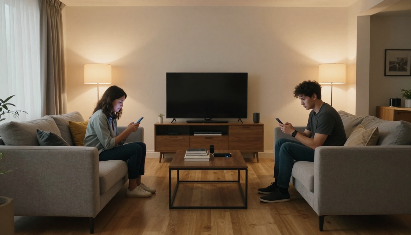 Couple sitting separately on a sofa each absorbed in their own smartphone