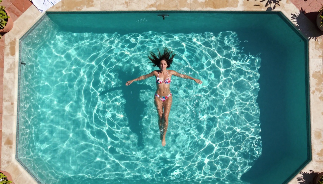 Aerial bird's-eye view of woman in colorful floral bikini floating in turquoise pool with mosaic tile pattern visible below and terracotta terrace surrounding