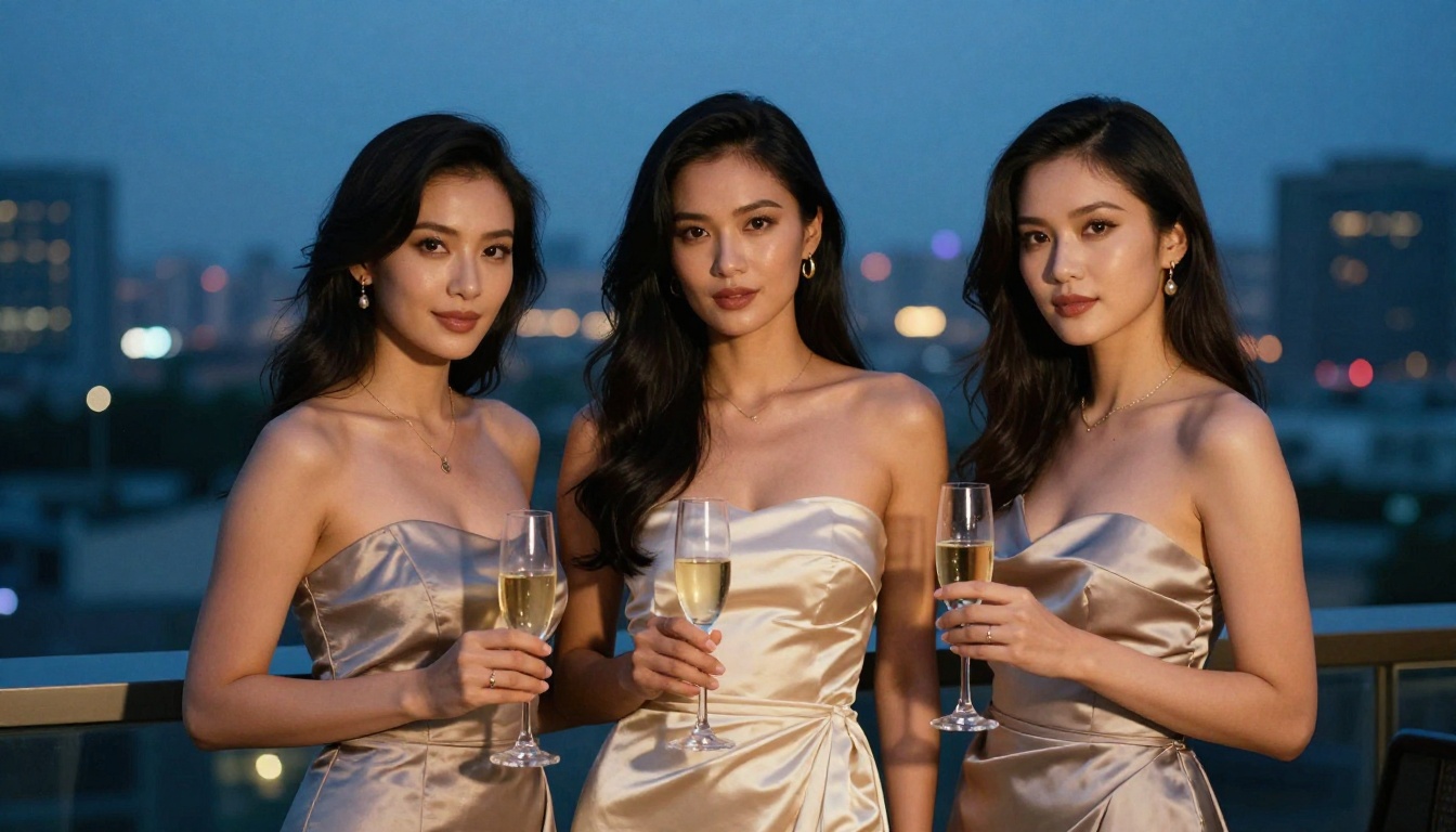 Three-quarter portrait of woman in strapless evening gown at rooftop bar during blue hour with city lights in background bokeh holding champagne flute