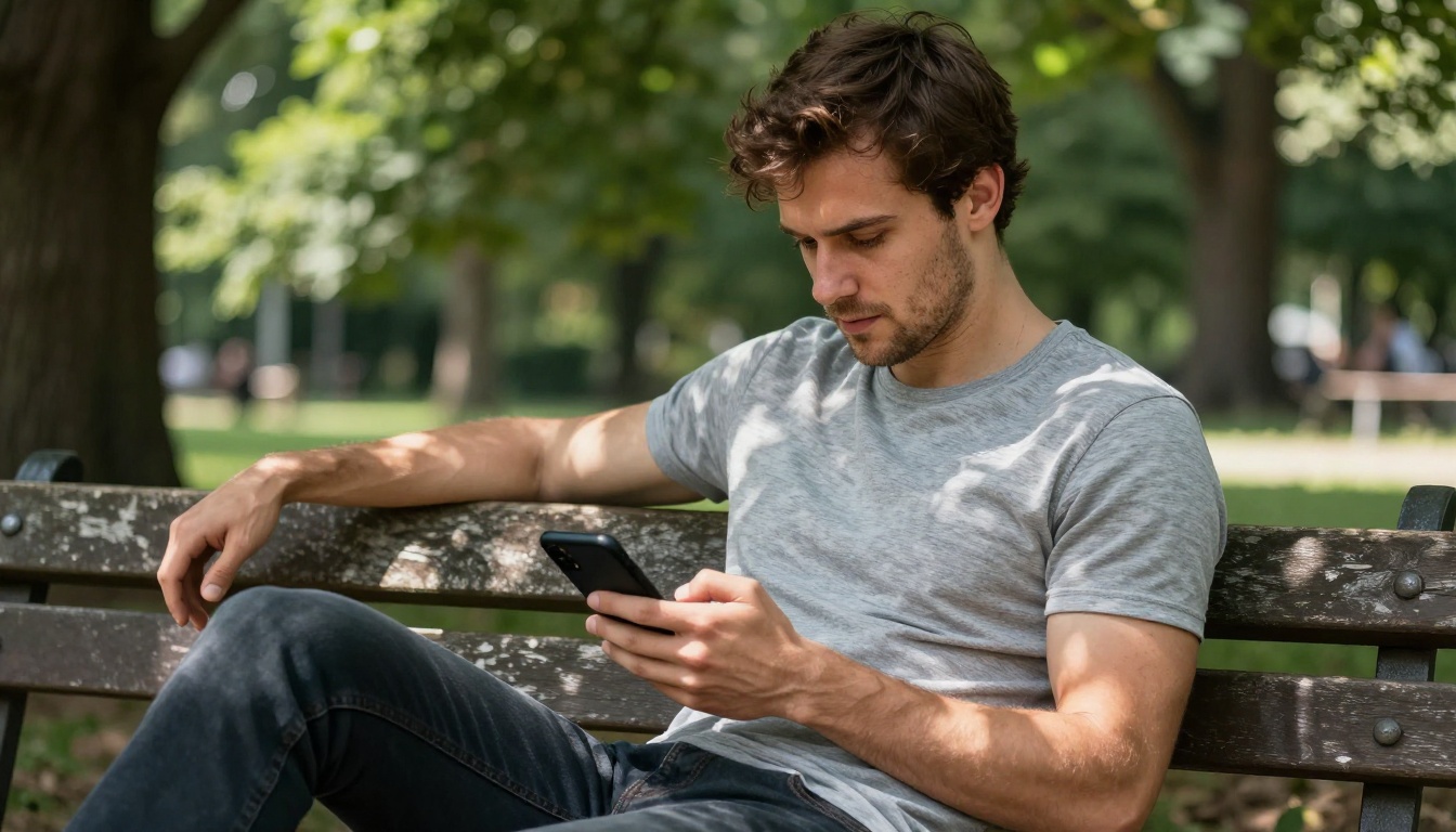 Man relaxing in a park while browsing AI art on his phone Man relaxing in a park while browsing AI art on his phone